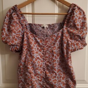 Madewell Floral Puff Sleeve Blouse - Orange and Blue